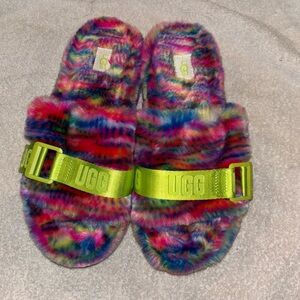 Ugg platform fluffy rainbow pink & green strap on designer shoes gently worn